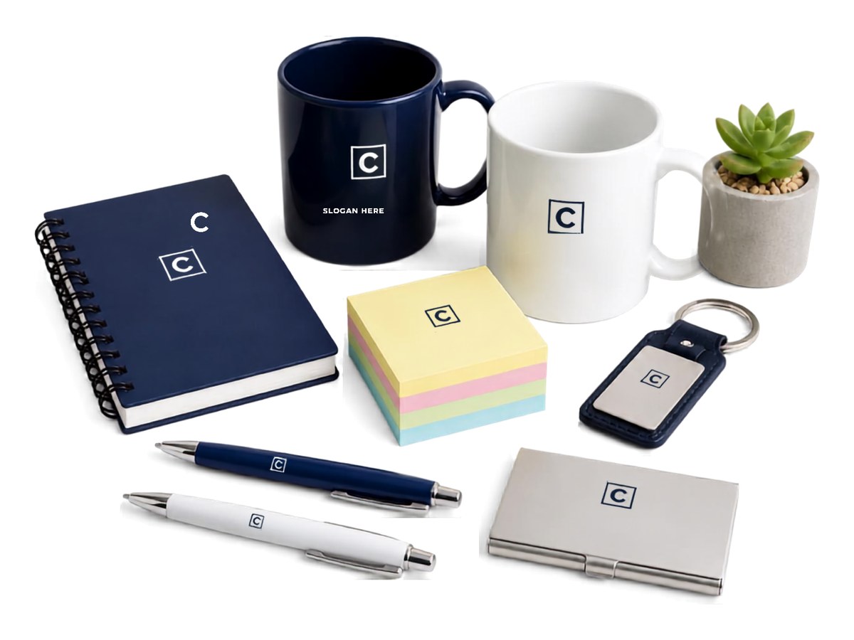 Branded promotional merchandise — mugs, notebooks, pens, sticky notes, keyrings, and card holders